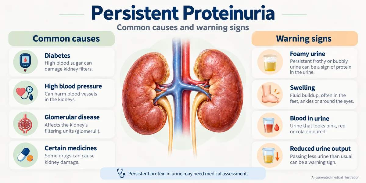 AI-generated educational infographic showing possible causes of persistent proteinuria, including diabetes, high blood pressure, glomerular disease and certain medicines, alongside warning signs such as foamy urine, swelling, blood in urine and reduced urine output.
