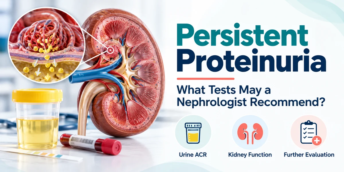 Medical illustration showing persistent proteinuria, albumin leakage through kidney filters, urine ACR testing and kidney function evaluation.