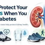 Medical illustration explaining how to protect kidneys with diabetes through blood sugar control, blood pressure management, a balanced diet, hydration, exercise and regular kidney tests.