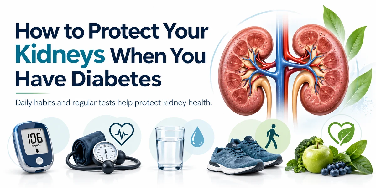 Medical illustration explaining how to protect kidneys with diabetes through blood sugar control, blood pressure management, a balanced diet, hydration, exercise and regular kidney tests.