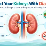 AI-generated medical infographic showing practical ways to protect kidney health with diabetes, including blood sugar management, blood pressure control, balanced diet, regular exercise, kidney tests and avoiding smoking.