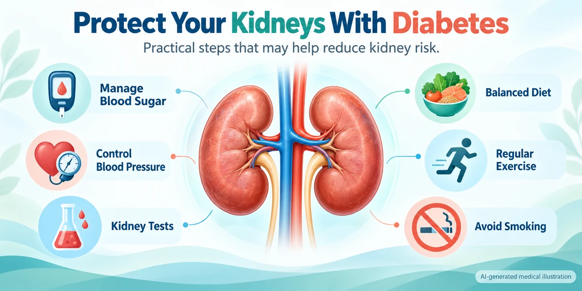 AI-generated medical infographic showing practical ways to protect kidney health with diabetes, including blood sugar management, blood pressure control, balanced diet, regular exercise, kidney tests and avoiding smoking.