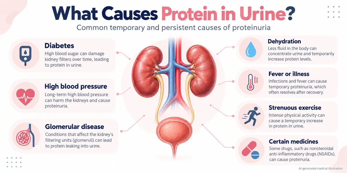 AI-generated medical infographic illustrating common causes of protein in urine, including diabetes, high blood pressure, glomerular disease, dehydration, fever, strenuous exercise and certain medicines.