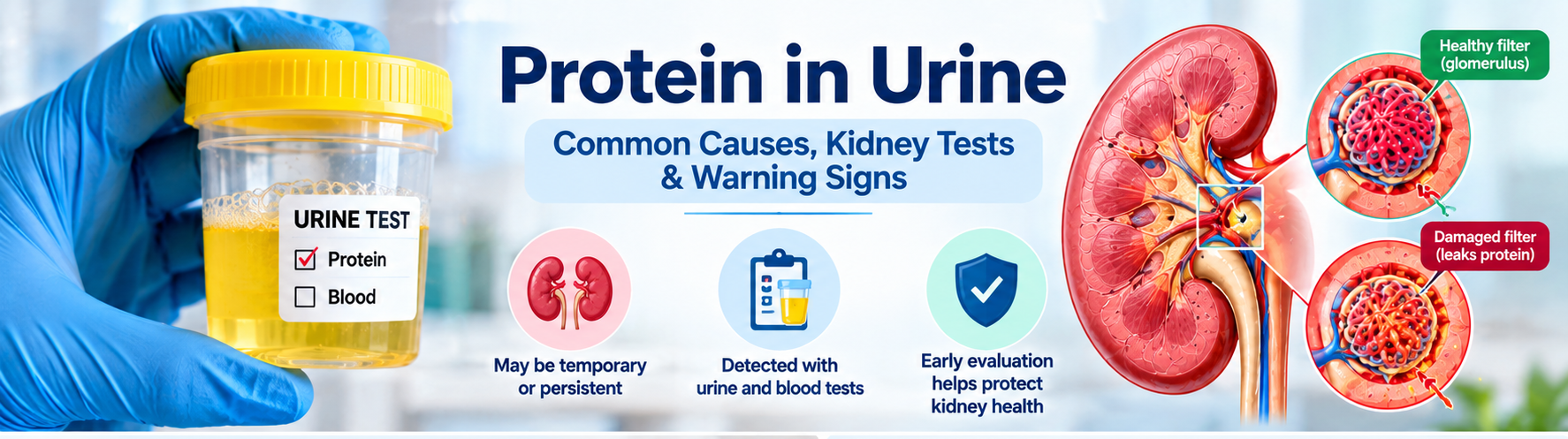 Protein in urine test showing kidney damage, glomerular protein leakage and early kidney evaluation