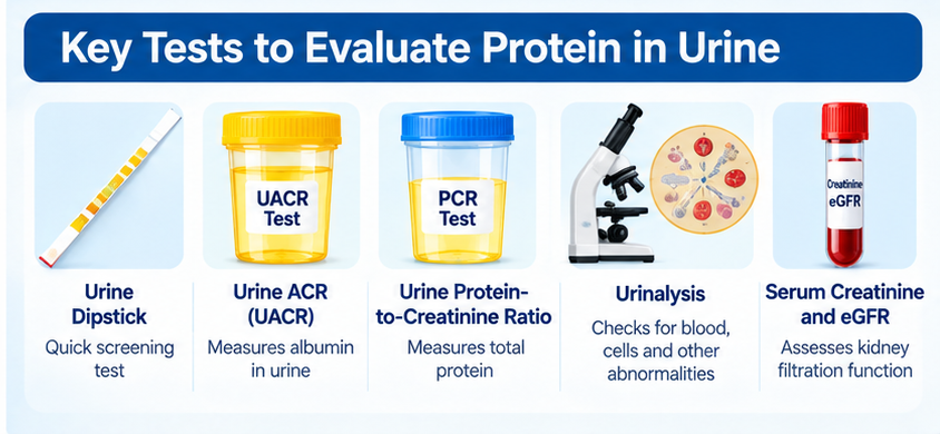 Kidney tests for protein in urine including urine dipstick, UACR, PCR, urinalysis, creatinine and eGFR