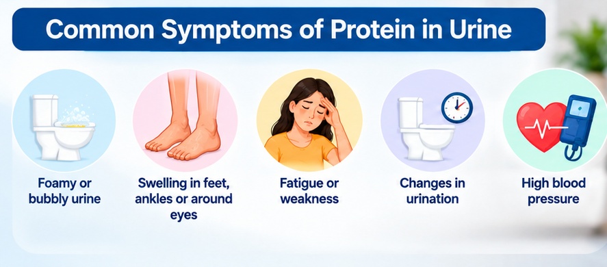 Common symptoms of protein in urine including foamy urine, swelling, fatigue, urination changes and high blood pressure