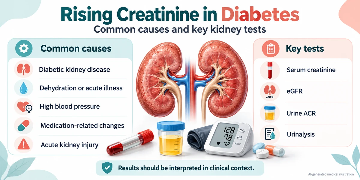 AI-generated medical infographic illustrating common causes of rising creatinine in diabetes, including diabetic kidney disease, dehydration, hypertension, medication-related changes and acute kidney injury, alongside important kidney tests.
