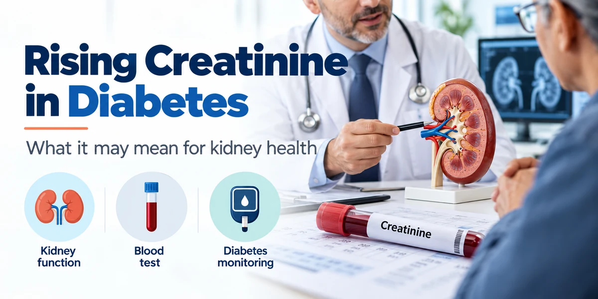 Medical illustration showing rising creatinine in diabetes, with a doctor explaining kidney function and blood test results to a patient.