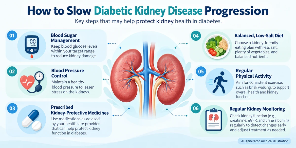 AI-generated medical infographic illustrating six ways to help slow diabetic kidney disease progression, including blood sugar management, blood pressure control, prescribed kidney-protective medicines, a balanced low-salt diet, physical activity and kidney monitoring.