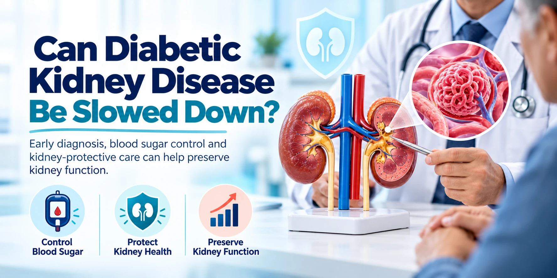 Medical blog thumbnail about slowing diabetic kidney disease progression and preserving kidney function.