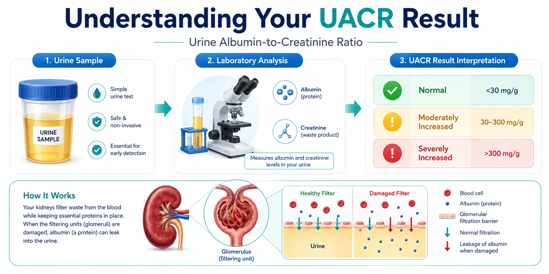 Understanding UACR result with urine sample, laboratory analysis, and albuminuria interpretation ranges
