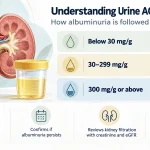 AI-generated educational medical infographic showing urine ACR categories below 30 mg/g, 30–299 mg/g and 300 mg/g or above, explaining how repeated testing and eGFR assessment help monitor albuminuria.