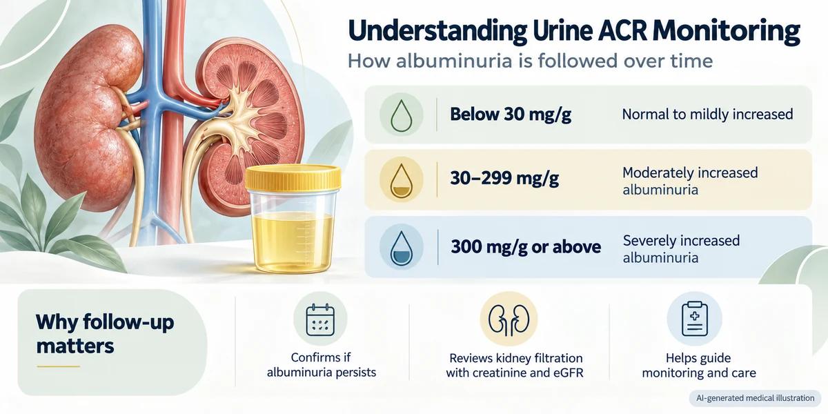 AI-generated educational medical infographic showing urine ACR categories below 30 mg/g, 30–299 mg/g and 300 mg/g or above, explaining how repeated testing and eGFR assessment help monitor albuminuria.
