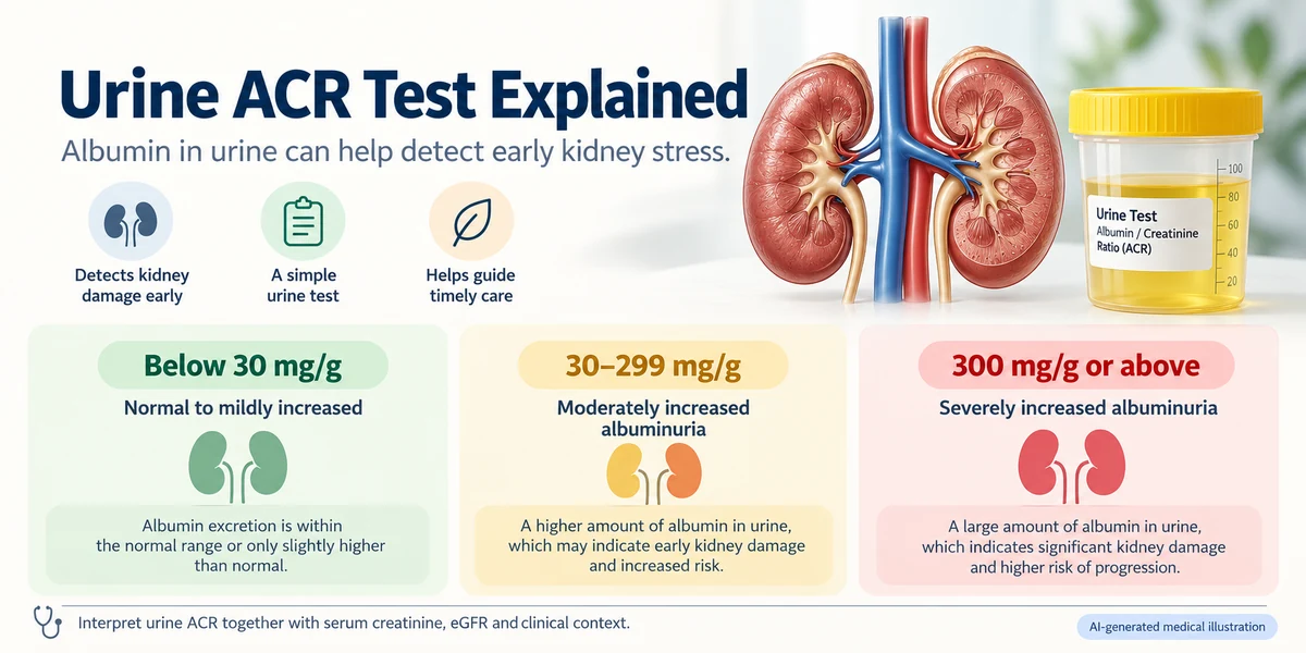 AI-generated medical infographic showing the urine albumin-to-creatinine ratio (ACR) test and albuminuria categories: below 30 mg/g, 30–299 mg/g and 300 mg/g or above.