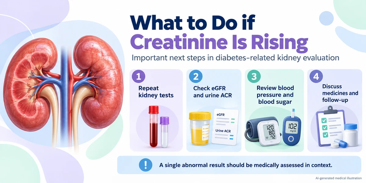 AI-generated educational medical infographic explaining steps in evaluating rising creatinine in diabetes, including repeat kidney tests, eGFR and urine ACR assessment, blood pressure and blood sugar review, and medication follow-up.