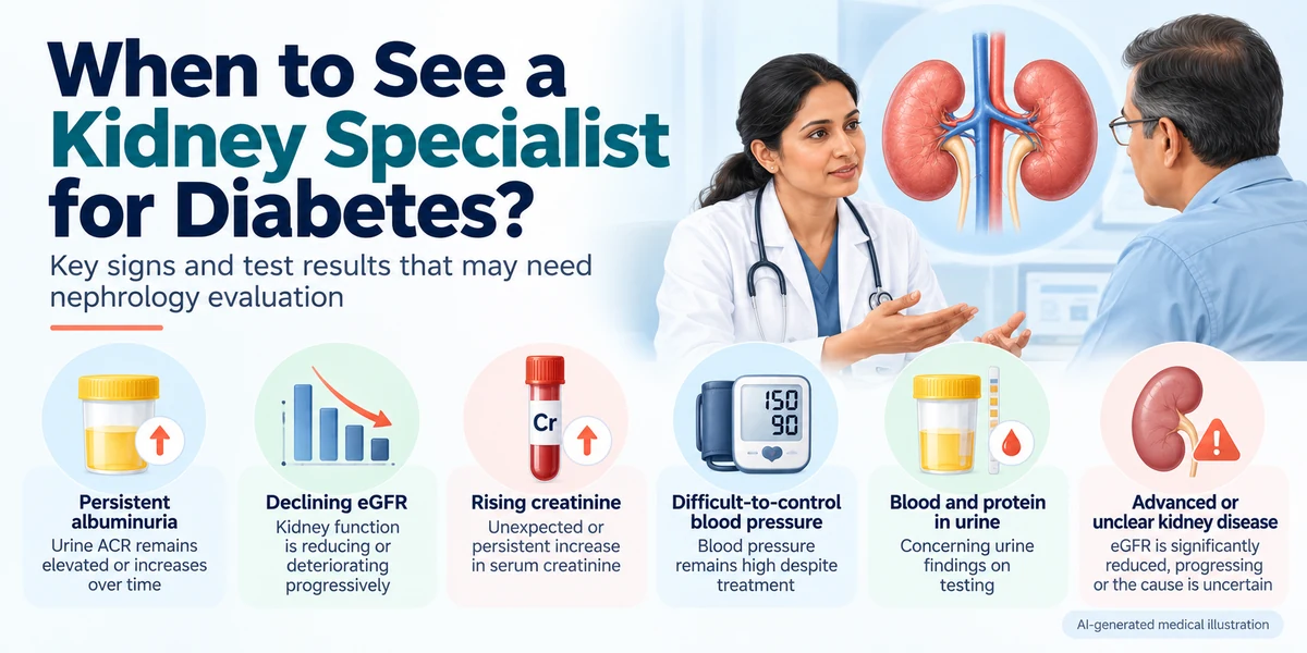 AI-generated educational infographic showing when nephrology assessment may be considered in diabetes, including rising urine ACR, declining eGFR, increasing serum creatinine, difficult-to-control hypertension, blood and protein in urine, and advanced kidney disease.